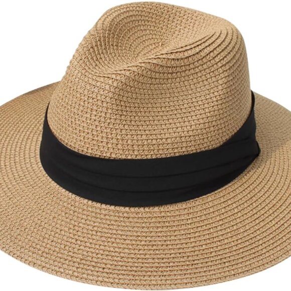 Accessories - Women Wide Brim Straw Panama Roll up Hat Fedora Beach Sun Hat +